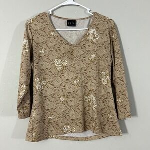 JKLA California Women's Floral Lace V-Neck 3/4 Sleeve Top Shirt Size Large